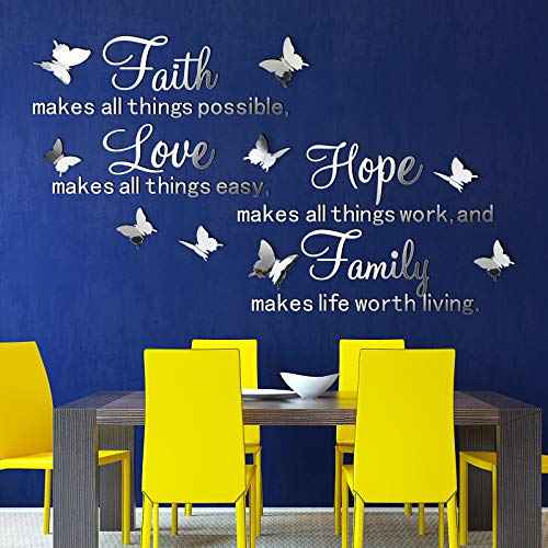 3D Acrylic Mirror Wall Decor Stickers Removable Butterfly Mirror Wall Stickers DIY Faith Makes All Things Possible for Home Office School Teen Dorm Room Decoration(Silver)