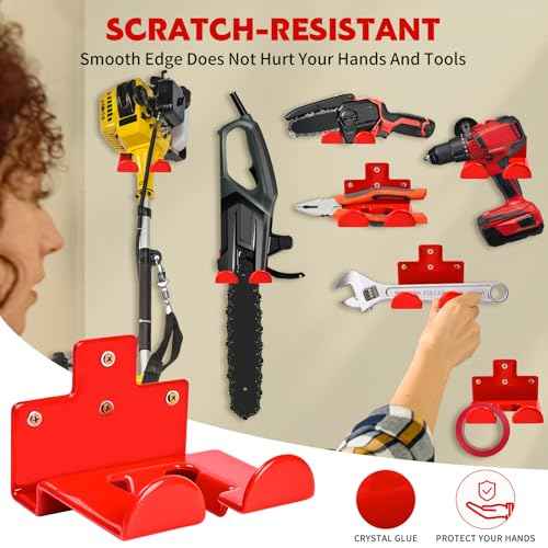Garage Organization Weedeater Hanger Garage Organizer Trimmer Rack, Wall Mount Garden Tool Organizer Heavy Duty Tool Hangers for Hedge Trimmer, Chainsaw and Leaf Blower (2 Pack, Red)