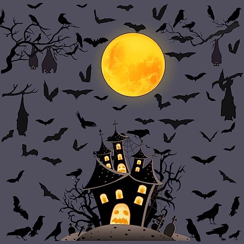 Halloween Moon Bat Wall Stickers Crow Tree Branch Decals Removable Large Halloween Castle House Bat Wall Stickers Peel and Stick Black Crows Raven Bats Decoration Party Supplies