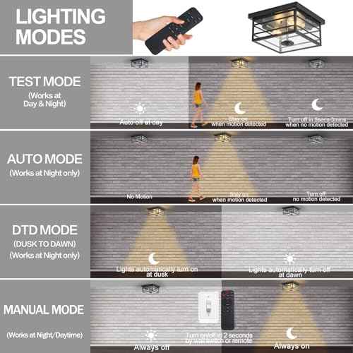 Upgraded Outdoor Ceiling Lights with Motion Sensor and Remote, Flush Mount Ceiling Light Fixture with 4 Lighting Modes, Squares Black with Clear Glass for Porch Patio Entryway Garage Farmhouse