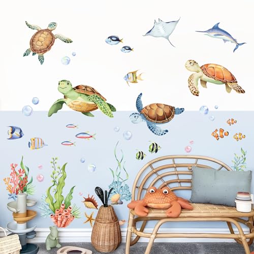 Under The Sea Wall Decals, Sea Turtles Jellyfish Wall Stickers Rays Coral Seaweed Peel and Stick Wall Decal Self Adhesive Wall Art Sticker for Baby Nursery Kids Room Home Decor
