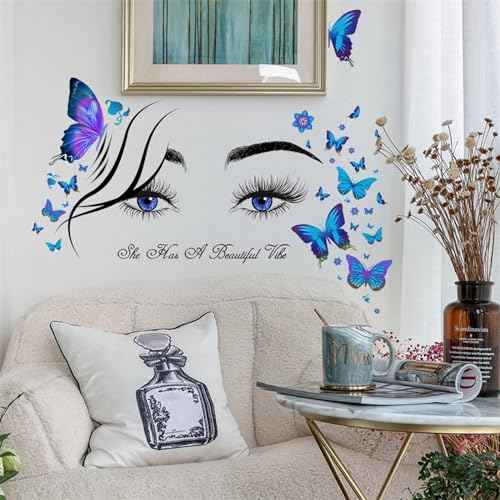 Blue Eyelash Eyes Butterfly Wall Stickers, sacinora Inspirational Quotes Motivational Word DIY Wall Decals Removable Vinyl Peel and Stick for Girls Women Kids Living Room Bedroom Nursery Art Decor