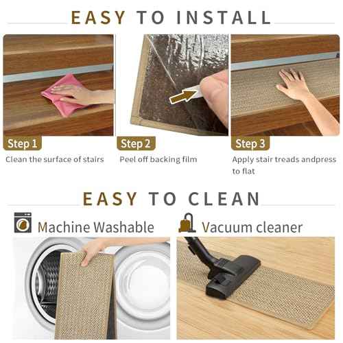 Stair Treads Non Slip for Wooden Steps Indoor 9" x 30" 15 Pack Extra Wide Stair Tread Carpet Stairs Runner, Step Pads with Reusable Adhesive for Dogs Kids Elders, Machine Washable, Beige
