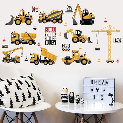 Construction Wall Stickers, Truck Digger Excavator Cartoon Engineering Car Decorative Wall Decals, Vinyl Peel Stick Decor Wall Decors for Kids Baby Bedroom Boys Room Nursery Playroom