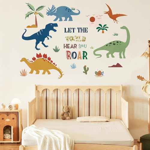 Boho Dinosaur Wall Decals with Palm Trees - Peel and Stick Dinosaur Wall Decor for Boys Room, Kids Bedroom, Playroom