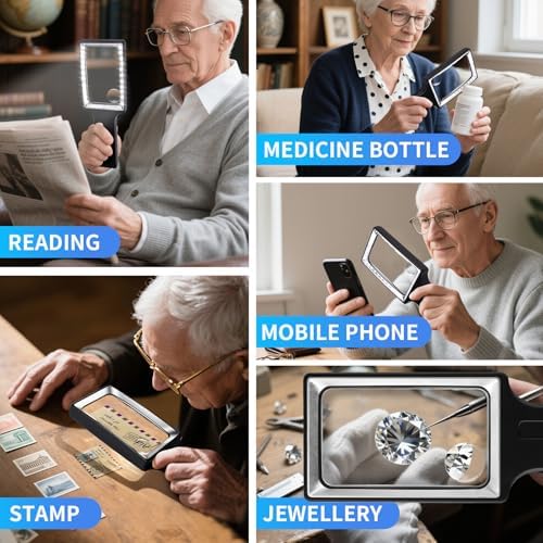 Large 10X 30X Magnifying Glass with Light, Handheld Magnifying Glass for Reading, Stepless Dimmable LEDs Rectangle Magnifier for Reading Small Prints Seniors Low Vision