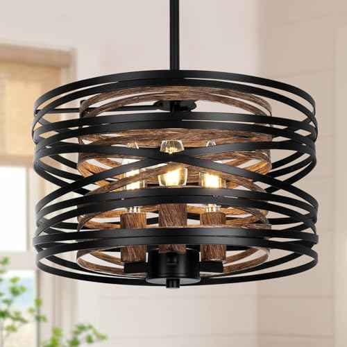 12.6'' Farmhouse Chandelier for Dining Room, Kitchen Lighting Fixtures Ceiling, 3-Light Black Pendant Light Fixture, Modern Industrial Drum Hanging Light for Over Table Foyer Entryway Hallway
