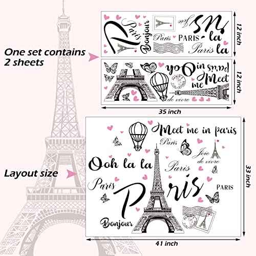 2 Sheets Paris Tower Wall Stickers Decor Paris Eiffel Tower Peel and Stick Wall Decal Large Black Removable Balloon Stickers for Bedroom Living Room Sofa Backdrop Romance Decoration