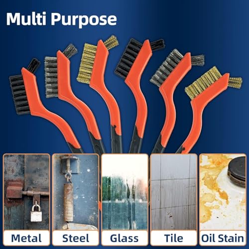 SALI 5pcs Wire Brushes for Cleaning Rust Removal Nylon/Brass/Stainless Steel Bristles with Curved Handle Grip for Dirt & Paint Scrubbing Removing Unfinished Metal Parts, Paint Stains Household Clean
