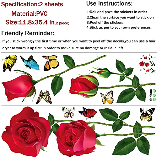 Romantic Red Rose Flower Wall Stickers Butterfly Floral Wall Decals DIY Wall Art Murals for Girls Woman Wedding Room Bedroom Bedside Backdrop Decorations