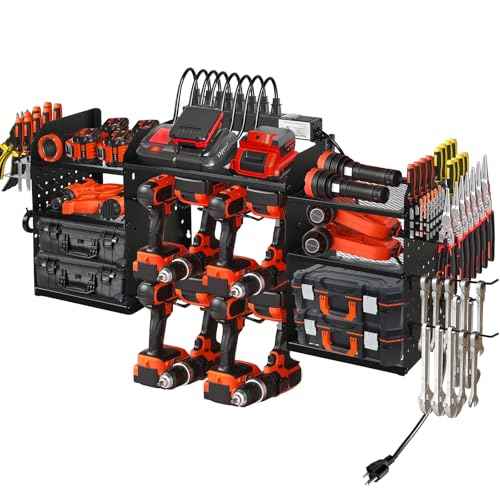 Power Tool Organizer Wall Mount, Large Tool Organizer with Charging Station, Heavy Duty Steel Cordless Drill Holder, 39 Inch Long Power Tool Battery Storage Rack with 8 Outlets Power Strip