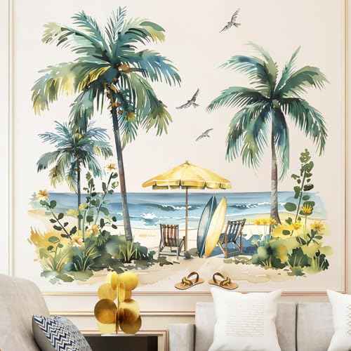 Tropical Palm Tree Wall Stickers Peel and Stick Summer Beach Wall Decals Large Sea Waves Beach Chairs Wall Art Decal for Living Room Bedroom Offiice Sofa TV Background Decor