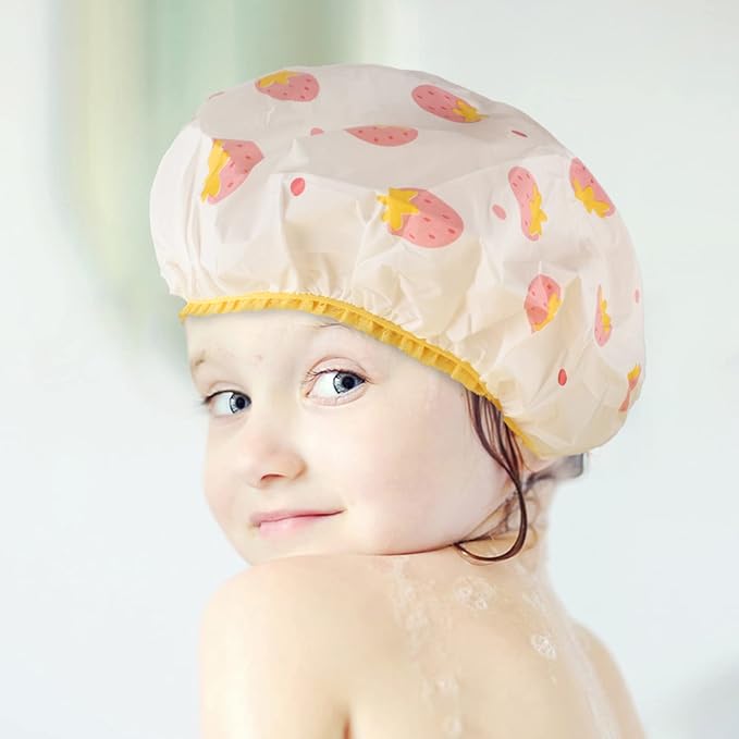 Waterproof Shower Caps, 3 Pcs Plastic Reusable Shower Caps Elastic Band Bath Caps for Women, Kids (Food)