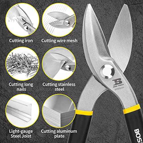 8 Inch Straight Pattern Tin Snips Metal Cutters, High Strength Forged and Heat Treated Carbon Steel with Comfortable Black Rubber Handle
