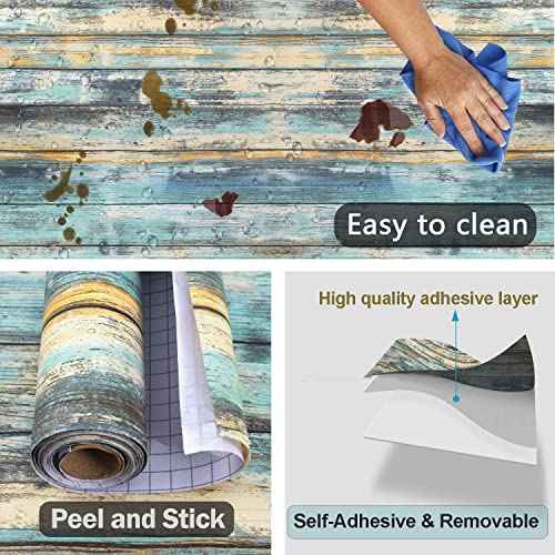 Wood Contact Paper 15.7"x118" Self-Adhesive and Removable Wood Wallpaper Peel and Stick, Blue Distressed Wood Grain Contact Paper for Cabinets Waterproof Stick on Wall Paper