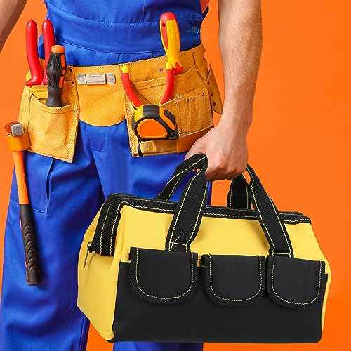 Sanwuta 9 Pcs Tool Bag for Men 3 Heavy Duty Wide Mouth Tool Bags and 6 Small Waterproof Pouch Tote for Electrician Carpenter Mechanic Father's Day Christmas Gifts(13 Inch,Blue Red Yellow)