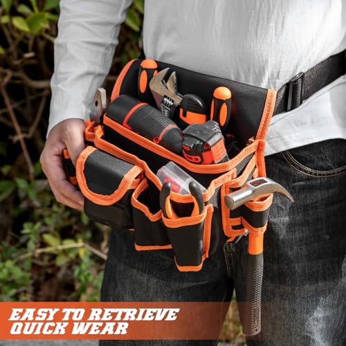Ultra-Thick Men's Tool Belts Fits Waist 31¡±to 52¡± Adjustable Oxford Work Pouch with 15 Durable Pockets, Ideal for Repair & Electrical Work (Red, Extra Large)