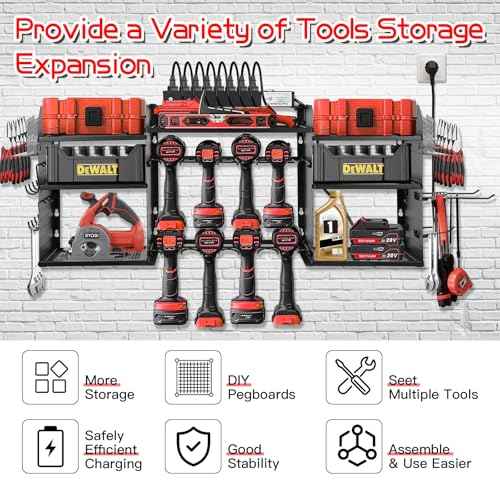 Power Tool Organizer Wall Mount, Large Tool Organizer with Charging Station, Heavy Duty Steel Cordless Drill Holder, 39 Inch Long Power Tool Battery Storage Rack with 8 Outlets Power Strip