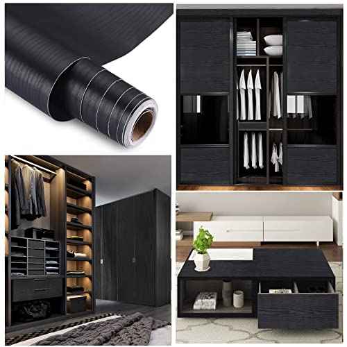 seonta Black Contact Paper 16"x118" Wood Peel and Stick Wallpaper Waterproof Removable Self Adhesive Wall Paper Sticker Cover Wood Vinyl Wrap for Countertop Desk Table Cabinets