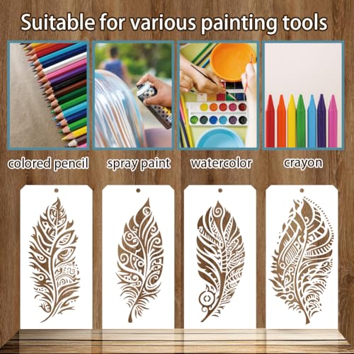 12 Pcs Painting Stencils, 12 Styles Feathers Pattern Stencil Templates Reusable Craft Templates for Painting on Wall Decor Fabric Wood Canvas