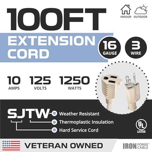 Iron Forge Cable Weatherproof 100 Ft Outdoor Extension Cord - 16/3 SJTW Heavy Duty Light Brown Extension Cord 3 Prong - 10 Amp Exterior Power Cable
