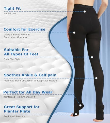 MGANG Medical Compression Pantyhose for Women & Men, 15-20mmHg Graduated Compression Support Tights, Open Toe, Opaque Waist High Compression Stockings for Edema, Varicose Veins, Flight, DVT, Black L