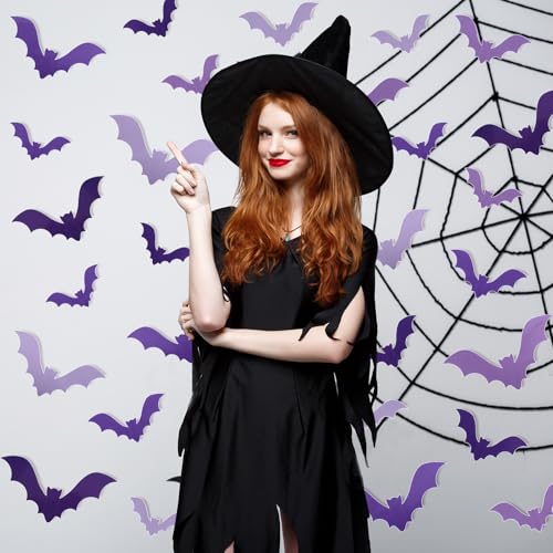 128Pcs Halloween 3D Bats Wall Stickers Gradient Purple Bats Waterproof Decals Halloween Wall Decorations with Glue Points for Home Window Party Supplies