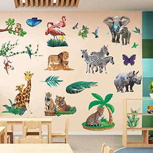Lifelike Jungle Animal Wall Decals Safari Wild Animal Wall Stickers Removable Lion Tiger Elephant Animal Wall Decor for Boys Girls Bedroom Kids Nursery Classroom Daycare Playroom MG1011
