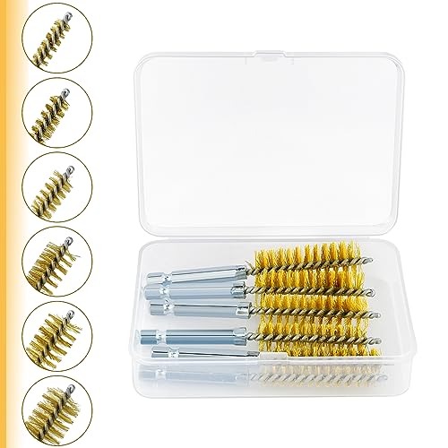 6 Pcs Brass Bore Brush Set with 1/4" Hex Shank Twisted Wire Bristles, Different Sizes (8, 10, 12, 15, 17, 19mm) for Bearing, Rust, Tube Cleaning