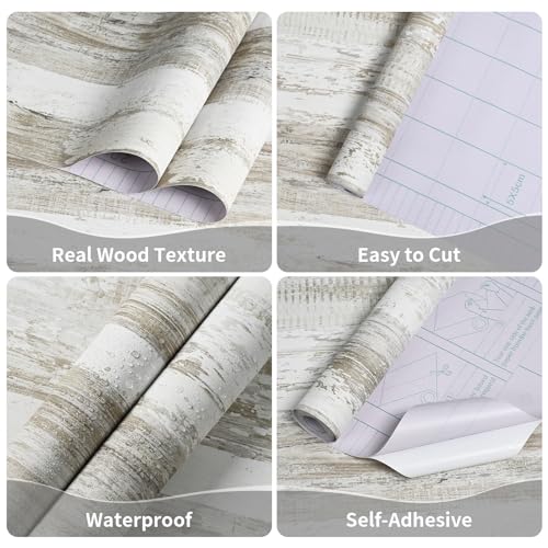 WENMER White and Brown Rustic Wood Grain Wallpaper, 17.3" x 118", 14.1 sq.ft. Peel and Stick, Waterproof, Multi-Surface Use