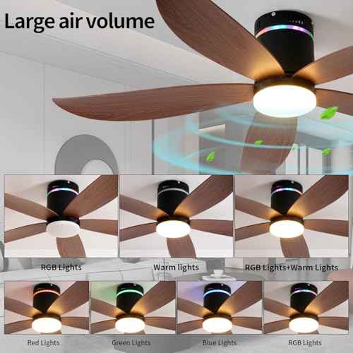 Carrefour 52" Flush Mount Ceiling Fans with Lights and Bluetooth Speaker, RGB Mood Lighting, 6-Speed Reversible DC Motor, Dimmable LED, Remote Control & Timer for Bedroom, Living Room, Dining Room