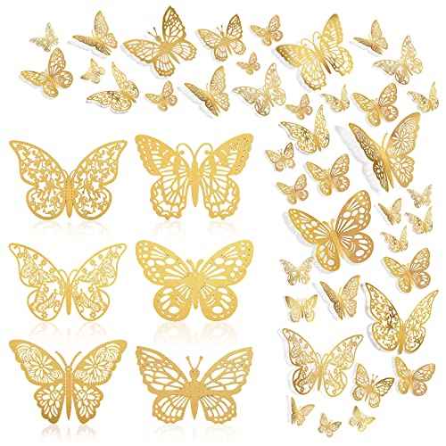 144 Pcs Gold Butterfly Wall Decor, 3D Butterfly Stickers 6 Styles and 3 Sizes, Removable Mural Stickers Metallic Butterflies Decorations for Walls