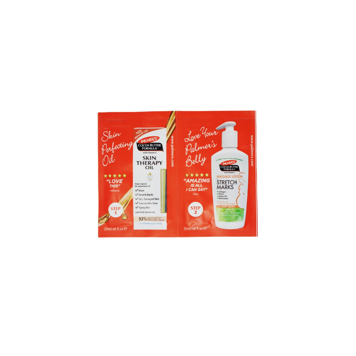 Palmer's Cocoa Butter Formula Skin Therapy Oil and Massage Lotion for Stretch Marks, Travel Pack, 0.68 FL OZ, Intensive Hydration, Skin Elasticity, Pregnancy Safe, Paraben-Free, 20 CT, W/Travel Pouch