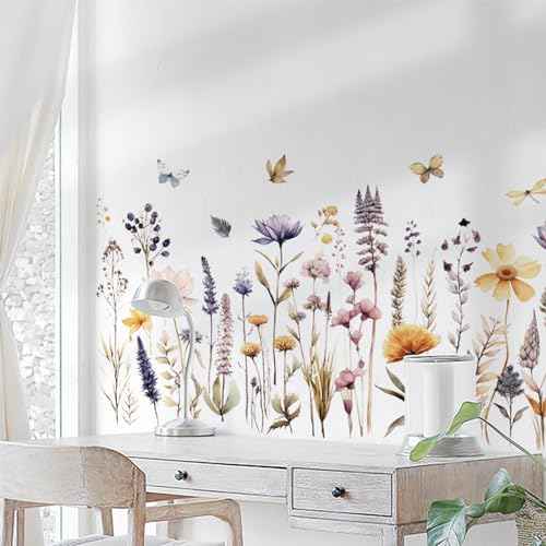 Wildflower Wall Decals Wall Decor Boho Flower Stickers, Dandelion Grass Wall Art Murals, 3D Flower Pattern Self-Adhesive Wall Stickers for Girls Bedroom Living Room Nursery Decor