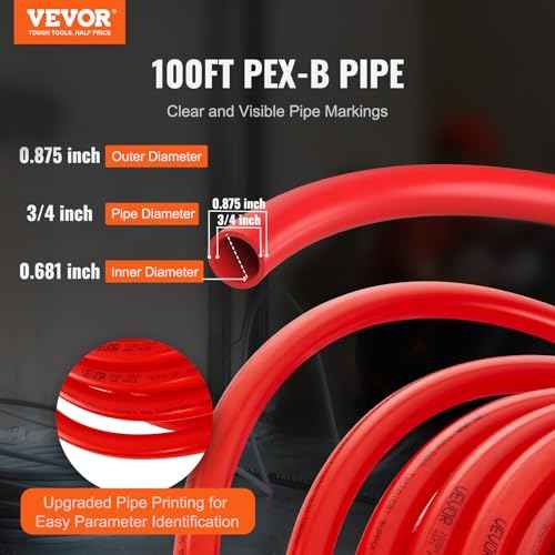 VEVOR PEX-B Pipe 3/4 Inch x 100 Feet, Non-Oxygen Barrier Flexible Pipe Tubing, Red for Hydronic Radiant Floor Heating, Water Plumbing Applications with Cutter& Clamps