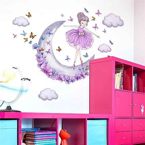 Lovely Purple Moon Girl and Clouds Butterfly Wall Stickers, sacinora Art Wall Decals Removable Vinyl Peel and Stick for Nursery Kids Baby Living Room Children's Room Bedroom Decorations