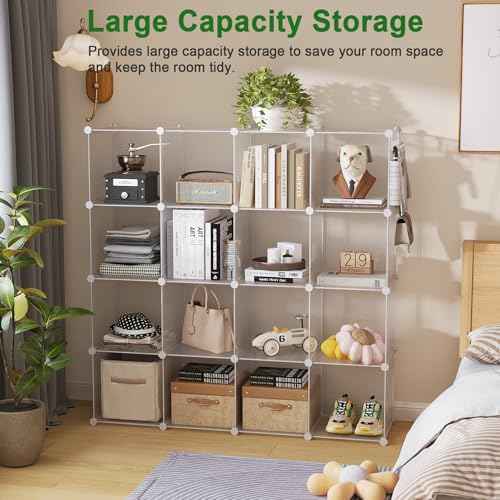 C&AHOME Cube Storage Organizer, 16-Cube Shelves Units, Plastic Storage Cubes, DIY Closet Organizer, Modular Closet Storage Shelf Ideal for Home, 48.4" L ¡¿ 12.4" W ¡¿ 48.4" H Transparent Twill UPCS16T