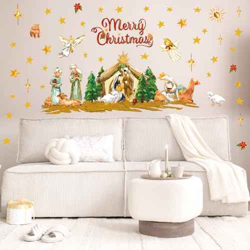 Christmas Wall Stickers Nativity Scene Wall Decals Large Holy Night Room Mural Stickers for Home Party Decor, 9.8 x 13.8 Inch, 4 Sheets