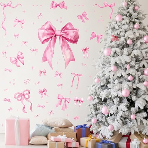 Pink Bow Wall Decal Stickers Christmas Decorations Stickers Removable Christmas Decorations Indoor Home Decor for Room Nursery School Restaurant Cafe Door Window Party
