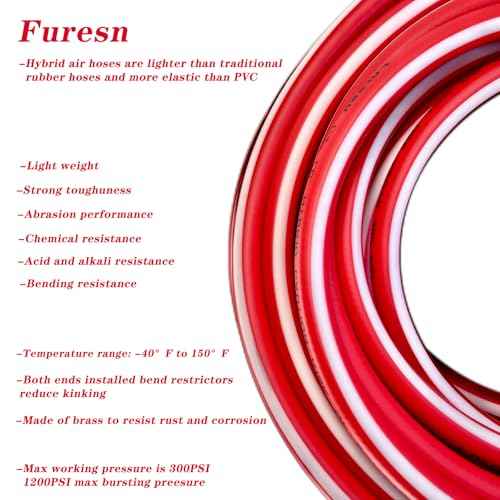 Air Hose 1/4 in x 25 ft, Heavy Duty, Lightweight, Kink Resistant, Hybrid Air Compressor Hose with 1/4 in Solid Brass Male Fittings, Bend Restrictors, 300 PSI(25FT, Red White)