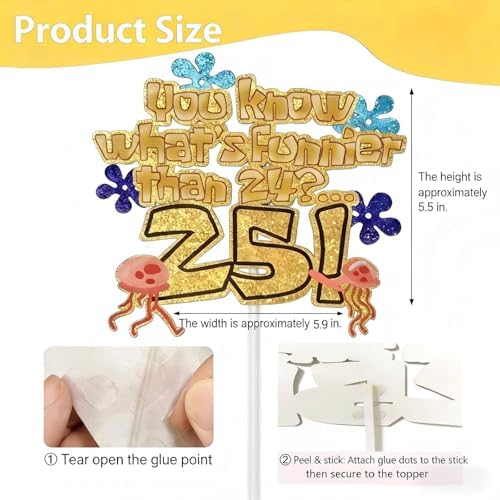 What's Funnier Than 24? 25th Birthday Cake Topper, Premium Glitter Gold Ocean Sponge Themed Decorations for Birthday Party, Funny 25th Birthday Cake Decor for Men Women