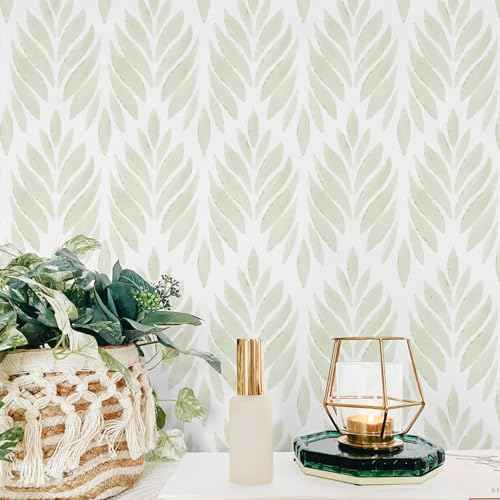 Sage Green Peel and Stick Wallpaper Boho Green Contact Paper Self Adhesive Neutral Removable Wallpaper for Bedroom Bathroom Waterproof Modern Leaf Contact Paper Farmhouse White 78.7inL 17.3in