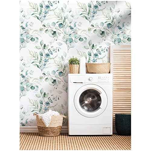 HAOKHOME Peel and Stick Wallpaper Boho Green/White Eucalyptus Leaf Floral Wall Mural Home Nursery Decor Renter Friendly Wallpaper 17.3in x 78.7in