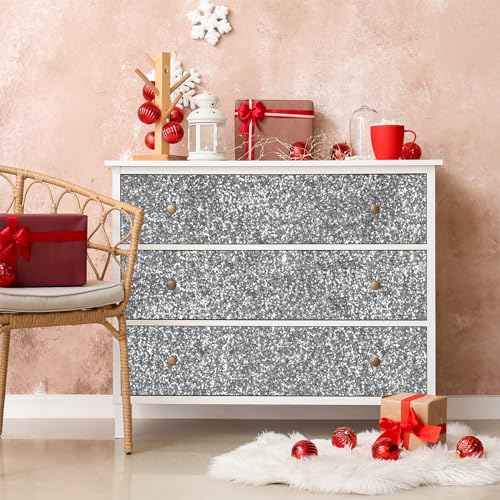 CRE8TIVE 8"x80" Silver Chunky Glitter Wallpaper Border Peel and Stick Silver Contact Paper Self Adhesive Removable Wallpaper Fabric Sequins Wall Border Trim for Girls Room Drawers Dressers DIY Crafts