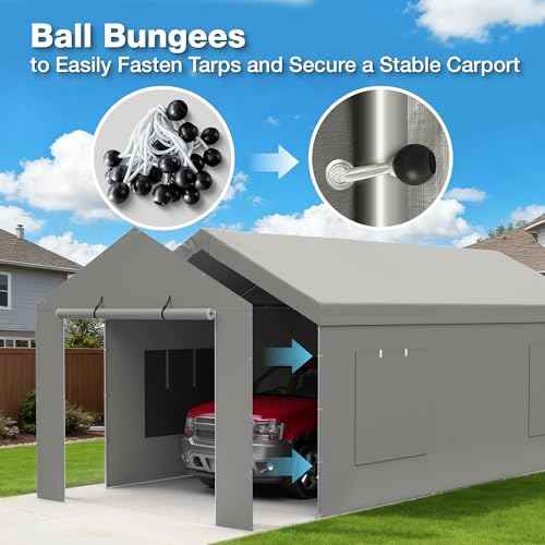 Carport Canopy Replacement Zipper Door Fits 12x20 FT Carport, Waterproof & UV Protected, Easy Assembly with Ball Bungees, Grey (Door Panel Only, 1 Pack)
