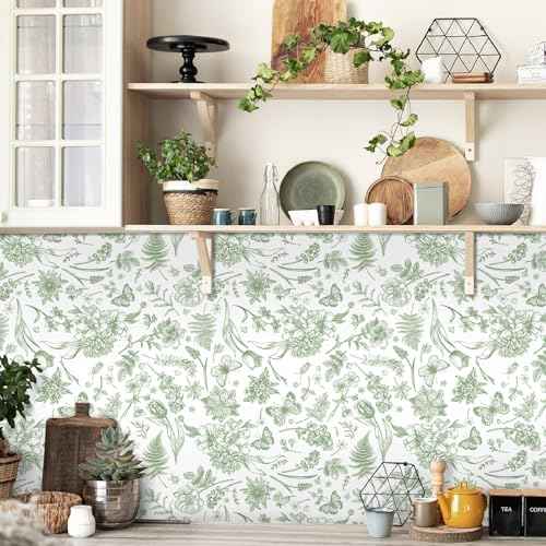Peel and Stick Wallpaper Floral White Green Flower Contact Paper Butterfly Boho 78.7" x 17.3" Removable Wallpaper Self-Adhesive for Bedroom Waterproof Shelf Liner Decal Vinyl Roll