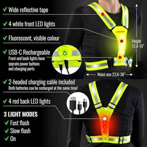 AVANTO LED Reflective Vest, Original, USB-C Rechargeable Running Reflective Gear, Running Lights for Runners, High Visibility Gear, Dog Walking Safety Vests, Orange