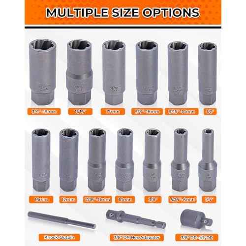 Deep Bolt Extractor Set,16 PCS Impact Bolt & Nut Remover Set, Stripped Lug Nut Remover, Extraction Socket Set for Removing Spark Plug, Damaged Rounded-Off Bolts, Nuts, Studs, Threaded Tubes