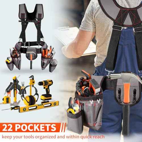 Tool Belt With Suspenders, 22 Pockets Tool Bag Multi-Functional Adjustable Waist Tool Belt, Heavy Duty Tool Organizer Suitable for Framers, Carpenter, Electrician,Construction (light gray, middle)