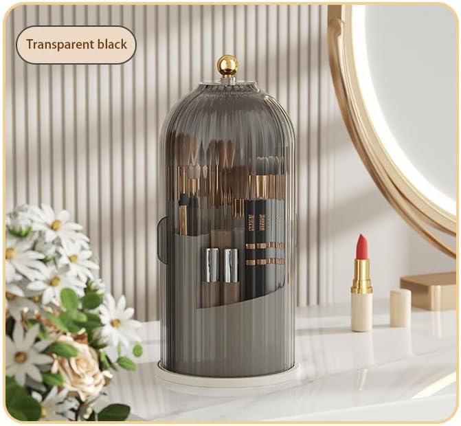 360°Rotating Makeup Brushes holder with Lid, Make Up Organizers and Storage for Vanity Countertop or Bedroom Dresser（Transparent black）